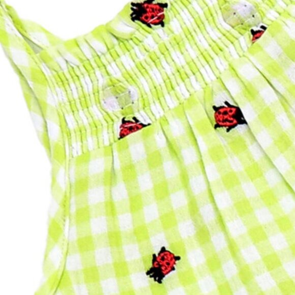 PEEK Ladybug Schiffli Dress Lime Gingham 10 Embroidered Smocked Sundress Tiered - Picture 7 of 11
